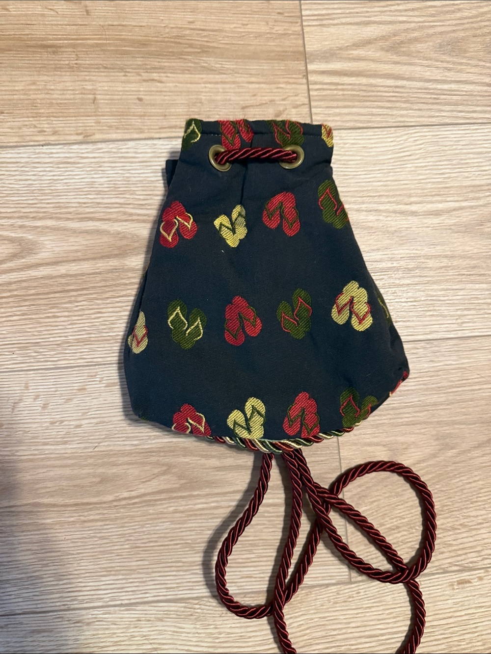 Black Drawstring Pouch with Red, Green & Yellow Flip Flop Motif